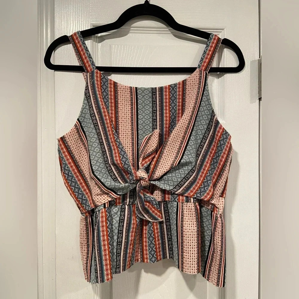 Knit Works Girls Rust Navy Pattern Tie Peplum Front Stretch Tank Top Size XL